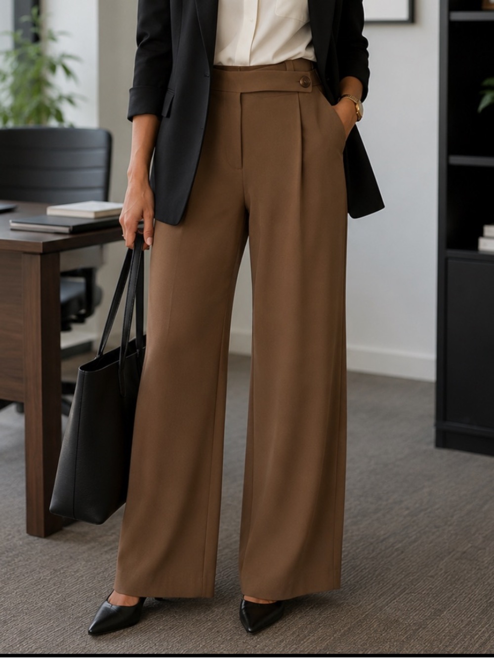Maje Crepe High Rise Pleated Relaxed Wide Leg Trouser Pant Preppy Brown XL